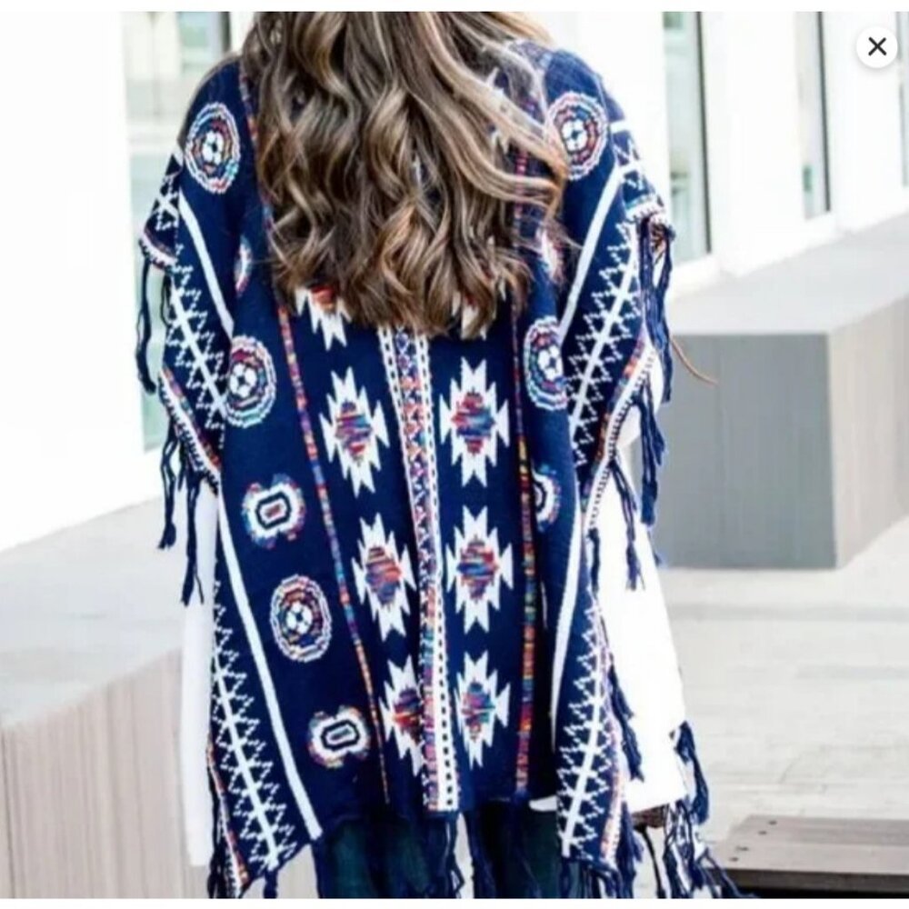 HIPSTER ROW Blue Long Sweater Tribal Aztec Poncho ONE SIZE